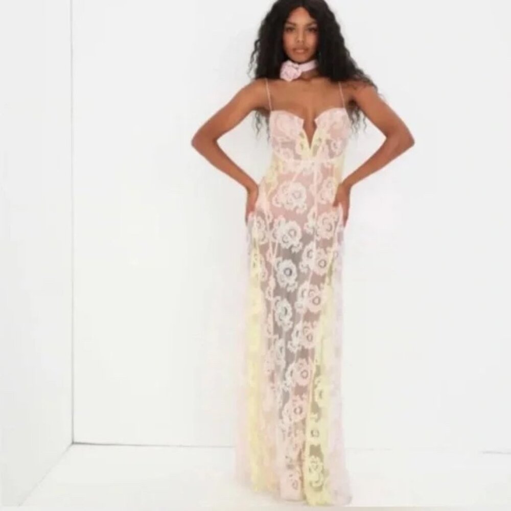 NWT | For Love & Lemons Blossom Ivory Yellow Peach Lace Corset Maxi Dress Medium